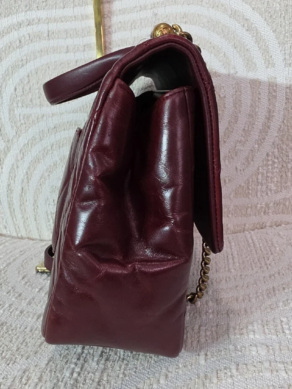 CHANEL Crinkle Leather Top-Hnadle Flap Bag in Deep Burgundy with Gold Hardware